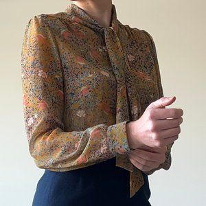 Mustard Floral Secretary Bow Blouse